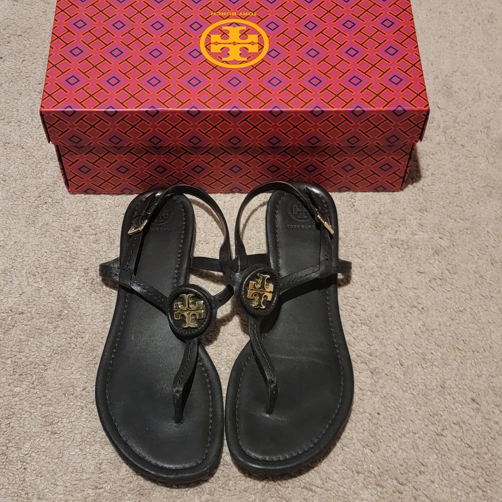 Tory Burch Dillan Black Leather Slingback Sandals Size 10.5 - Picture 4 of 12